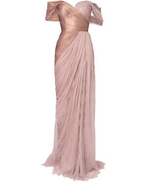 IRIS SERBAN Pleated-Metallic Lace Maxi Dress - Pink