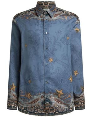 Etro Cotton Muslin Shirt With Placed Pegaso Print - Blue
