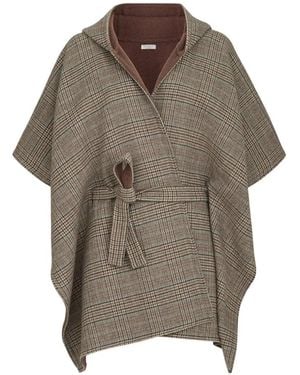 Brunello Cucinelli Poncho Réversible À Capuche En Double Drap De Cachemire À Motif Prince-De-Galles - Brown