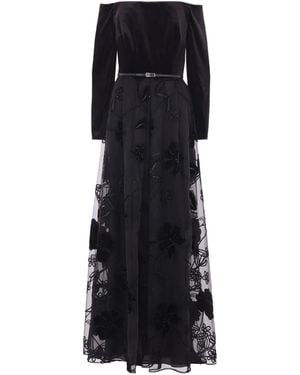 Elie Saab Velvet Floral-Embroidered Tulle Dress - Black