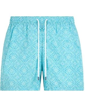 Fedeli Geometric-Print Drawstring-Waist Swim Shorts - Blue