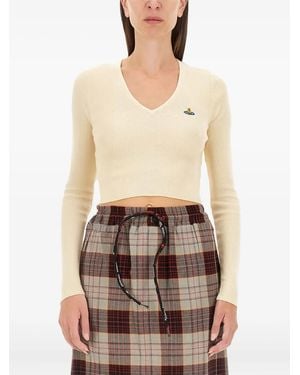 Vivienne Westwood Cropped Ribbed Knit Jumper With Deep V-Neckline - Natural
