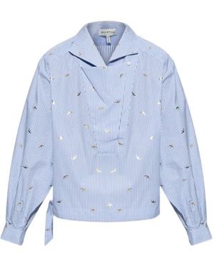 Munthe Beliciama Striped-Pattern Bird-Print Blouse - Blue