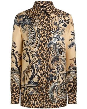 Etro Silk Shirt With Placed Leopard Print - Natural