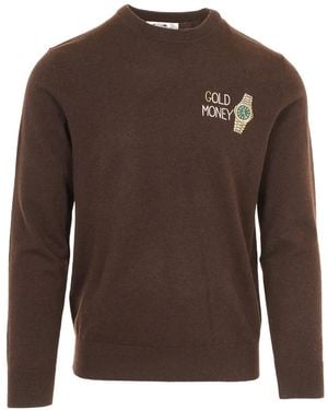 MC2 Saint Barth Heron Light Wool And Cashmere Blend Crewneck Sweater With Money Embroidery - Brown