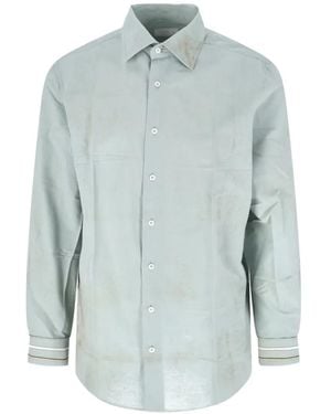 Prada Camisa Con Logo Bordado Y Puños A Rayas - Azul