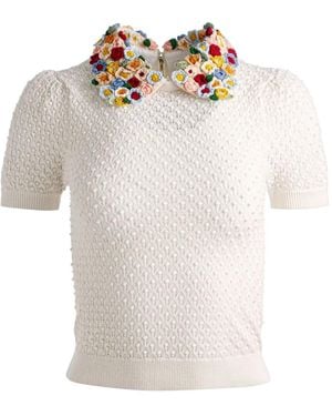 Alice + Olivia Kurzärmeliger Pullover mit Blumenkragen - Weiß