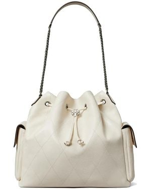 Tory Burch Large Charlie Quilted Drawstring Shoulder Bag - White