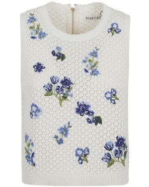 Alice + Olivia Haut À Maille Ajourée À Fleurs Brodées - Gray