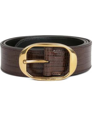 Tom Ford Embossed-Leather Oval-Buckle Belt - Brown