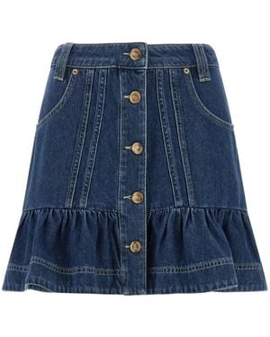 FARM Rio Ruffled Button-Front Denim Mini Skirt - Blue