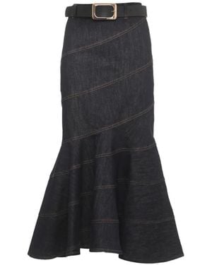 Self-Portrait Denim Belted Midi Skirt - Blue