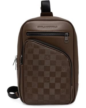 KARL LAGERFELD Check-Embossed Logo-Plaque Messenger Bag - Brown
