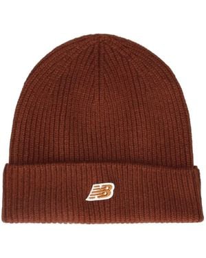 New Balance Logo-Patch Beanie Hat - Brown