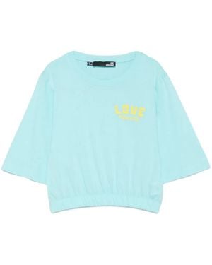 Love Moschino Logo-Print Elasticated-Hem T-Shirt - Blue