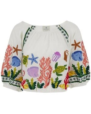 BENARAS BY CITRUS Embroidered Cropped Top - White