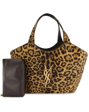 Saint Laurent Cabas Icare Médium À Imprimé Léopard - Brown