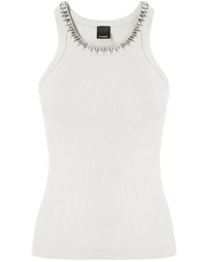 Pinko Ribbed Top With Bejewelled Embellishment - White