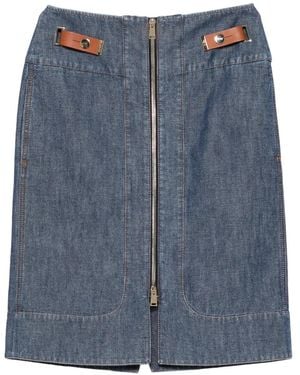 Fendi Zip-Front Leather-Trimmed Denim Midi Skirt - Blue