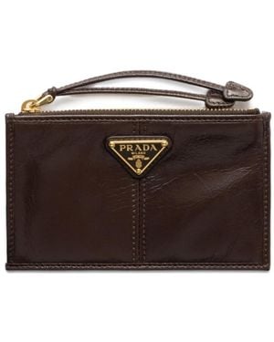 Prada Leather Card Holder With Zipper - Brown