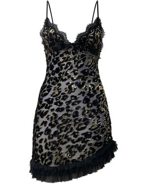 Roberto Cavalli Lace-Trimmed Leopard-Pattern Mini Dress - Black