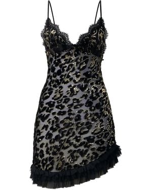 Roberto Cavalli Lace-Trimmed Leopard-Pattern Mini Dress - Black