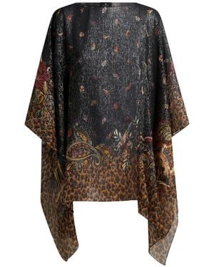 Etro Silk Poncho Top With Striped Animal And Floral Paisley Motif - Black
