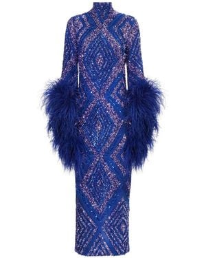 ‎Taller Marmo Del Rio Disco Sequin-Embellished Feather-Trim Maxi Dress - Blue