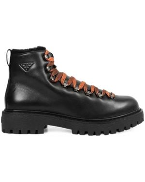 Prada Botines De Cuero Con Cordones - Negro