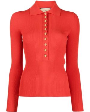 Gucci Ribbed-Knit Polo Shirt - Red