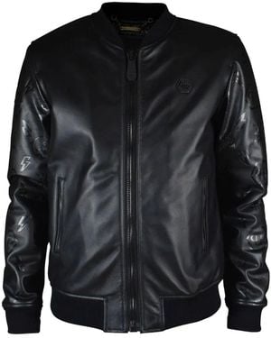 Philipp Plein Leather Bomber Jacket - Black
