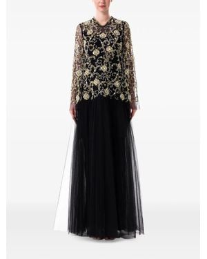 Dina Melwani Floral-Embellished Layered Maxi Dress - Black