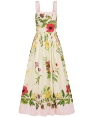 Oscar de la Renta Dominican Mixed-Floral Cotton Poplin Dress - White