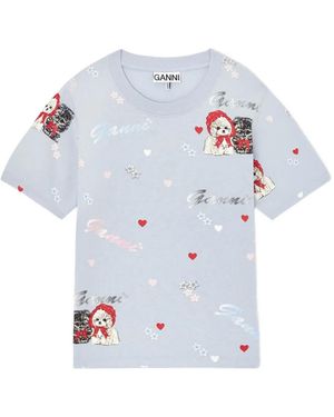 Ganni Cat-Print Short-Sleeve Top - White