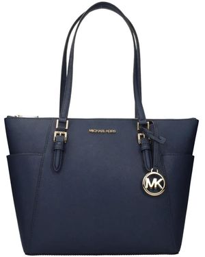 Michael Kors Large Charlotte Logo-Plaque Leather Tote Bag - Blue