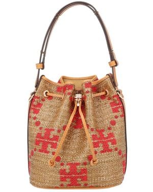 Tory Burch Monogram-Embroidered Bucket Bag - Brown