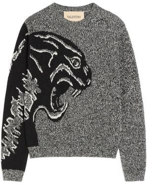 Valentino Garavani Cotton And Mouliné Wool Jumper With Panther Jacquard - Grey