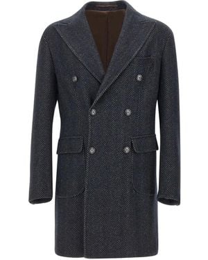 Barba Napoli Herringbone Peak-Lapel Coat - Black