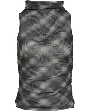 BOHEMSEO Half-Neck Shirred Mesh Sleeveless Top - Grey