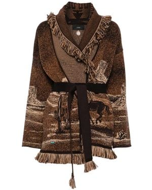Alanui Shawl Collar Cardigan With Fringe Detailing And Desert Landscape - Brown