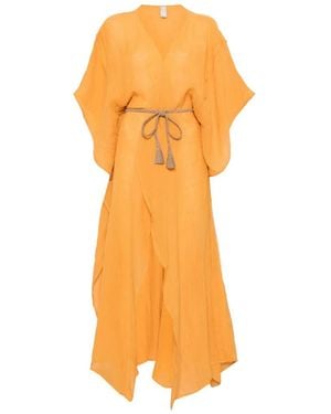 120% Lino Tassel-Detail Belted Maxi Dress - Orange