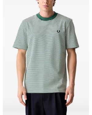 Fred Perry Striped Embroidered-Logo T-Shirt - Green