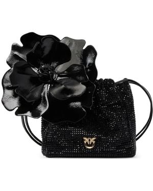 Pinko Sac Seau Porté Épaule En Tissu Entièrement Strassé Avec Fleur - Black