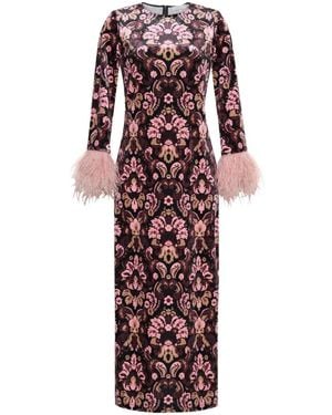 Cara Cara Danya Feather-Trim Damask Dress - Red
