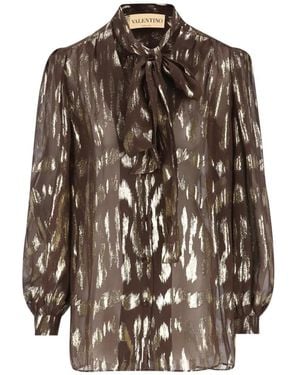 Valentino Garavani Pussy-Bow Metallic-Effect Shirt - Brown