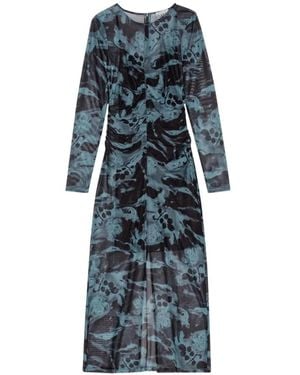 Ganni Printed-Mesh O-Neck Ruched Long Dress - Blue
