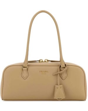 Prada Medium Logo-Print Leather Tote Bag - Natural