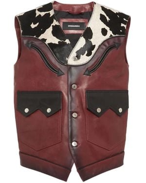 DSquared² Cow-Print Front-Pocket Leather Gilet - Red
