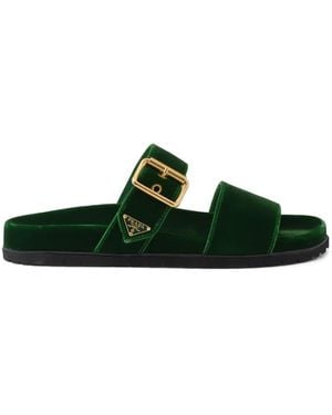 Prada Claquettes En Velours À Plaque Logo - Vert