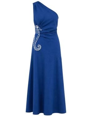 FARM Rio One-Shoulder Seahorse-Embroidery Maxi Dress - Blue